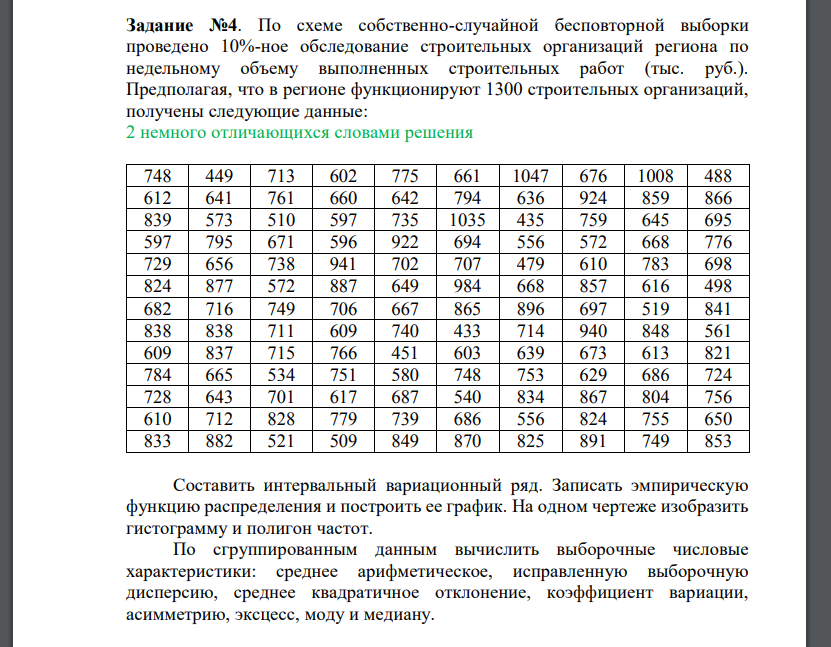 По схеме собственно-случайной бесповторной выборки проведено 10%-ное обследование строительных организаций региона по недельному