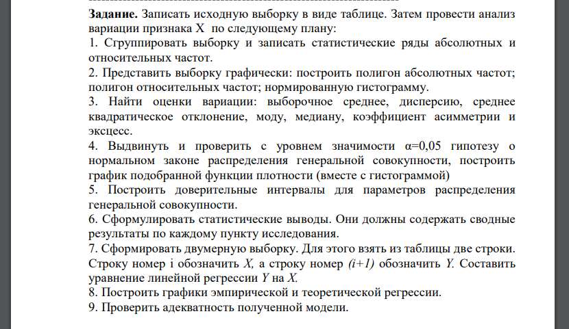 Записать исходную выборку в виде таблице. Затем провести анализ вариации признака X по следующему плану: 1. Сгруппировать