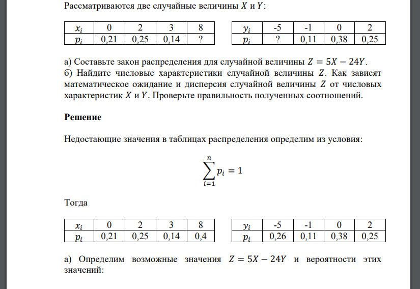 Рассматриваются две случайные величины 𝑋 и 𝑌:а) Составьте закон распределения для случайной величины 𝑍 = 5𝑋 − 24𝑌. б) Найдите