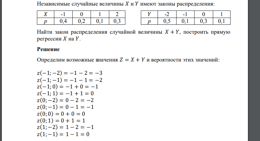 Найти закон распределения случайной величины 𝑋 + 𝑌, построить прямую регрессии 𝑋 на 𝑌.