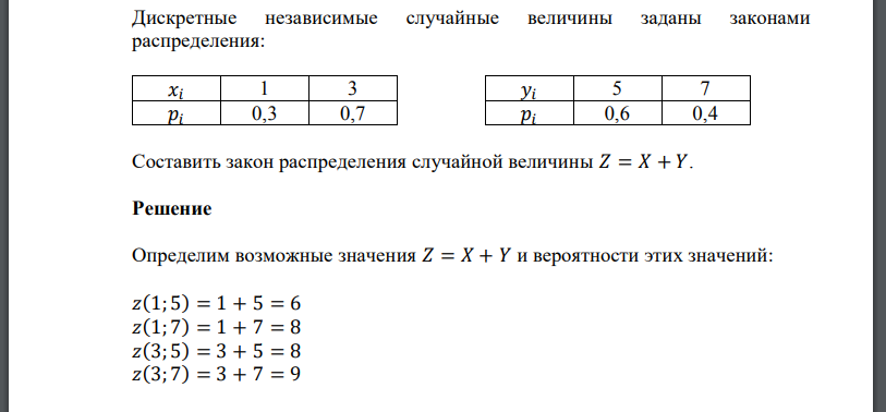 Дискретные независимые случайные величины заданы законами распределения:Составить закон распределения случайной величины 𝑍 = 𝑋 + 𝑌.