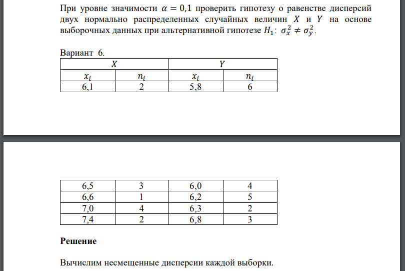 При уровне значимости проверить гипотезу о равенстве дисперсий двух нормально распределенных случайных величин на основе выборочных