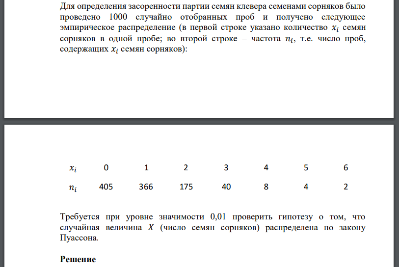 Для определения засоренности партии семян клевера семенами сорняков было проведено 1000 случайно отобранных проб и получено следующее