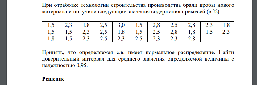 При отработке технологии строительства производства брали пробы нового материала и получили следующие значения содержания