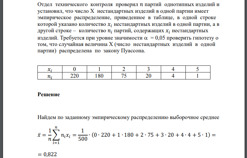 Отдел технического контроля проверил 𝑛 партий однотипных изделий и установил, что число нестандартных изделий в одной партии имеет эмпирическое распределение, приведенное в таблице, в одной строке ко