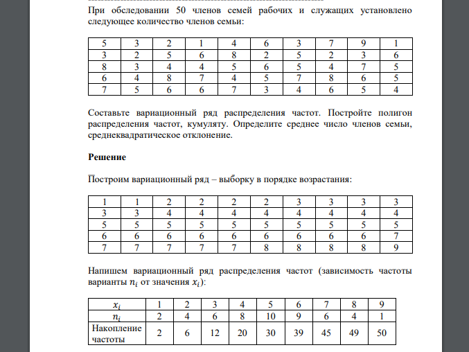 При обследовании 50 членов семей рабочих и служащих установлено следующее количество членов семьи: 5 3 2 1 4 6 3 7 9 1 3 2 5 6 8 2 5 2 3 6 8 3