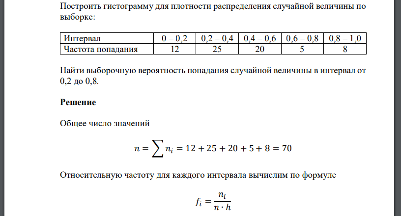 Построить гистограмму для плотности распределения случайной величины по выборке: Интервал Частота попадания Найти