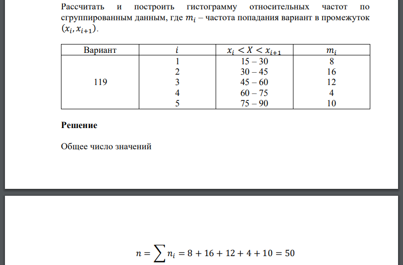 Рассчитать и построить гистограмму относительных частот по сгруппированным данным, где  – частота попадания вариант