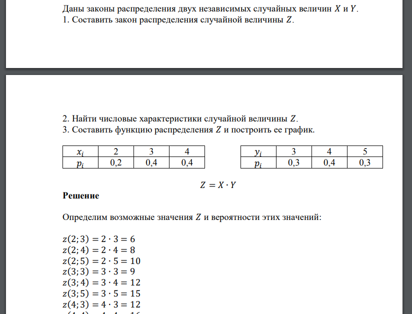 Даны законы распределения двух независимых случайных величин 𝑋 и 𝑌. 1. Составить закон распределения случайной величины 𝑍. 2. Найти