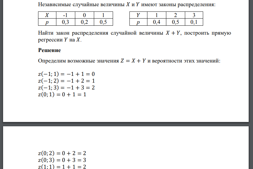 Независимые случайные величины 𝑋 и 𝑌 имеют законы распределения:Найти закон распределения случайной величины 𝑋 + 𝑌, построить