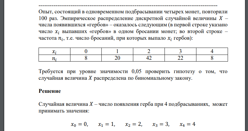 Опыт, состоящий в одновременном подбрасывании четырех монет, повторили 100 раз. Эмпирическое распределение дискретной случайной