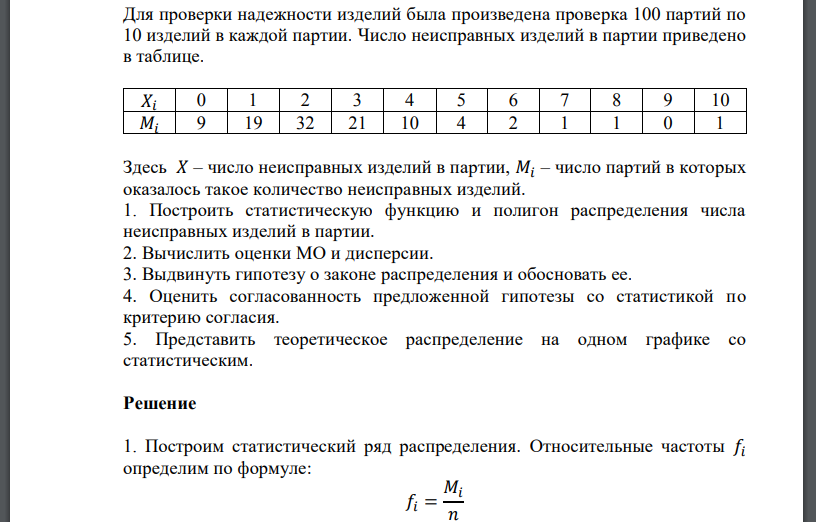 Для проверки надежности изделий была произведена проверка 100 партий по 10 изделий в каждой партии. Число неисправных