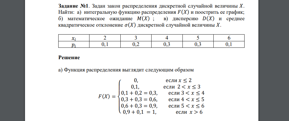 Задан закон распределения дискретной случайной величины 𝑋. Найти: а) интегральную функцию распределения 𝐹(𝑋) и поострить