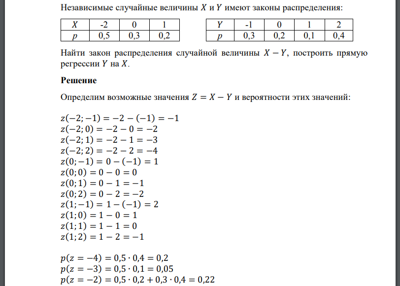 Независимые случайные величины 𝑋 и 𝑌 имеют законы распределения: Найти закон распределения случайной величины 𝑋 − 𝑌, построить прямую регрессии 𝑌 на