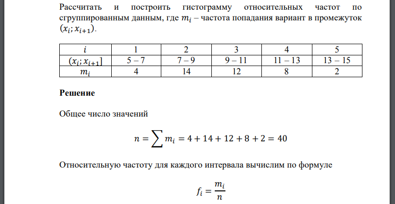 Рассчитать и построить гистограмму относительных частот по сгруппированным данным, где– частота попадания вариант в промежуток