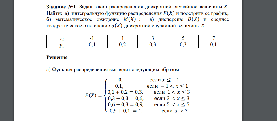Задан закон распределения дискретной случайной величины 𝑋. Найти: а) интегральную