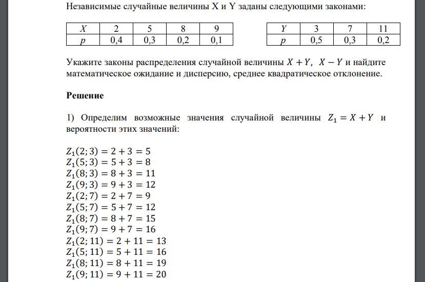 Независимые случайные величины Х и Y заданы следующими законами: Укажите законы распределения случайной величины 𝑋 + 𝑌, 𝑋 − 𝑌 и найдите