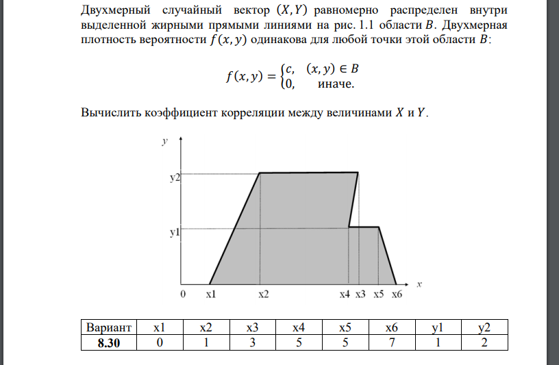 Двухмерный случайный вектор (𝑋, 𝑌) равномерно распределен внутри выделенной жирными прямыми линиями на рис. 1.1 области 𝐵