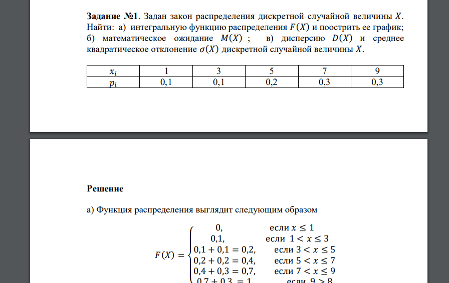 Задан закон распределения дискретной случайной величины 𝑋. Найти: а) интегральную функцию распределения 𝐹(𝑋) и поострить ее график; б) математическое ожидание 𝑀(𝑋) ; в) дисперсию 𝐷(𝑋) и среднее