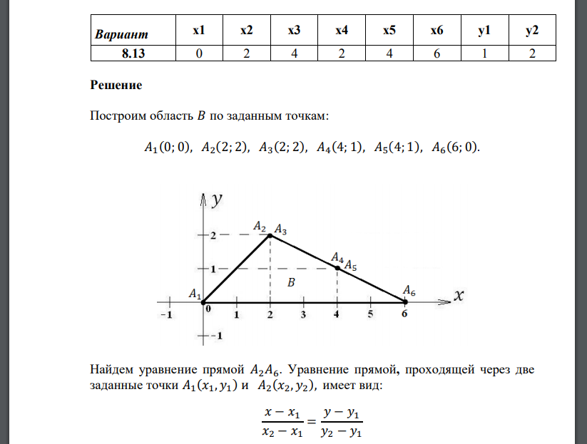 Двухмерный случайный вектор (𝑋; 𝑌) равномерно распределен внутри выделенной жирными прямыми линиями на рис. 1.2 области 𝐵. Двухмерная плотность вероятности 𝑓(𝑥, 𝑦) одинакова для любой