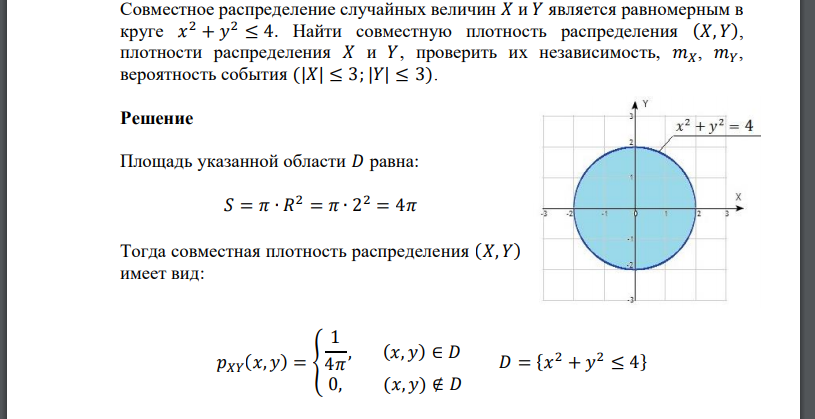 Совместное распределение случайных величин 𝑋 и 𝑌 является равномерным в круге 𝑥 2 + 𝑦 2 ≤ 4. Найти совместную плотность распределения (𝑋, 𝑌),