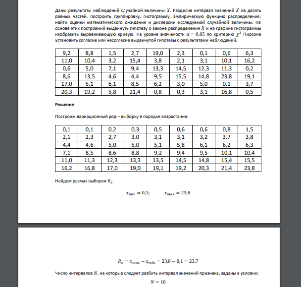 Даны результаты наблюдений случайной величины 𝑋. Разделив интервал значений 𝑋 на десять равных частей  9,2 8,8 1,5 2,7 19,0 2,3 0,1 0,6 6,3 11,0 10,4 3,2 15,4 3,8 2,1 3,1 10,1
