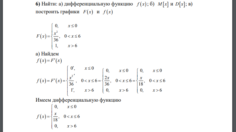 Найти: а) дифференциальную функцию f(x) ; б) M(x) и D(x); в) построить графики