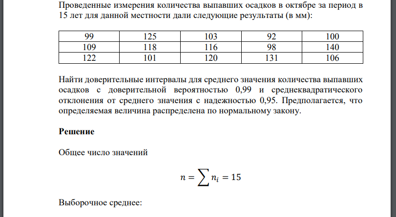 Проведенные измерения количества выпавших осадков в октябре за период в 15 лет для данной местности дали следующие результаты (в мм):