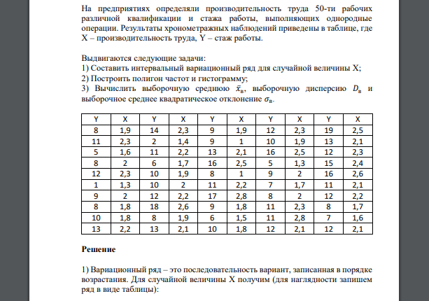 На предприятиях определяли производительность труда 50-ти рабочих различной квалификации и стажа работы Y X Y X Y X Y X Y X 8 1,9 14 2,3 9 1,9 12 2,3 19 2,5 11