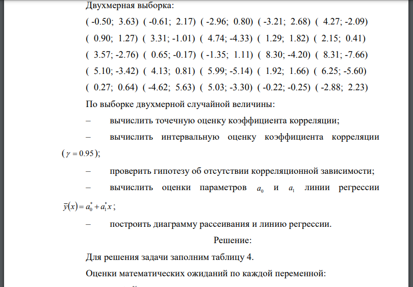 Двухмерная выборка: По выборке двухмерной случайной величины: – вычислить точечную оценку коэффициента корреляции; – вычислить интервальную