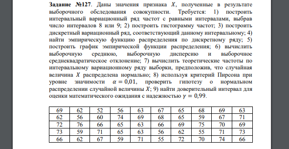 Даны значения признака 𝑋, полученные в результате выборочного обследования совокупности 69 62 52 56 63 67 65 68 69 63 62 56 60 74 69 68 65 59 67 71 72 76 66 65 63 66 69