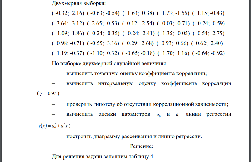 Двухмерная выборка: По выборке двухмерной случайной величины: – вычислить точечную оценку коэффициента корреляции; – вычислить интервальную оценку