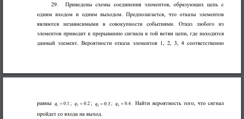 Приведены схемы соединения элементов, образующих цепь с одним входом и одним выходом. Предполагается, что отказы элементов являются независимыми в совокупности событиями