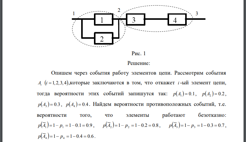 Приведены схемы соединения элементов, образующих цепь с одним входом и одним выходом. Предполагается, что отказы элементов являются независимыми в совокупности событиями