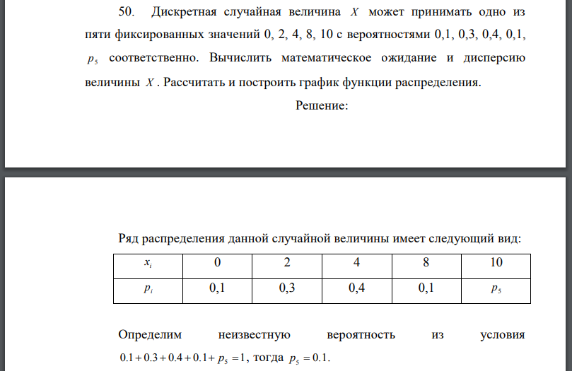 Дискретная случайная величина X может принимать одно из пяти фиксированных значений 0, 2, 4, 8, 10 с вероятностями соответственно.