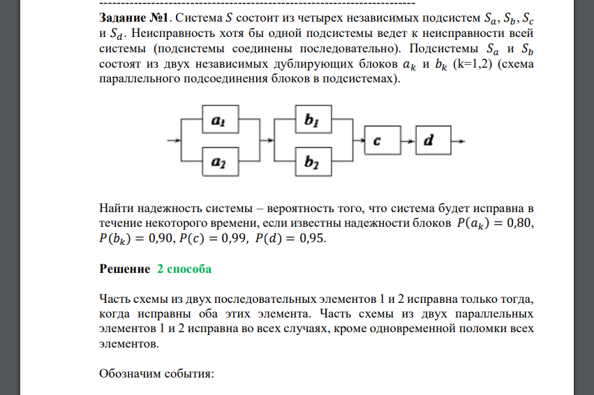 Система 𝑆 состоит из четырех независимых подсистем 𝑆𝑎, 𝑆𝑏, 𝑆𝑐 и 𝑆𝑑. Неисправность хотя бы