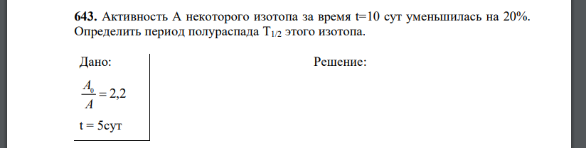 Активность A некоторого изотопа за время сут уменьшилась на 20%. Определить период полураспада  этого изотопа.