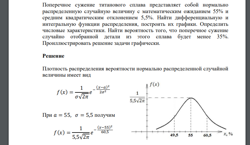Поперечное сужение титанового сплава представляет собой нормально распределенную случайную величину с математическим ожиданием 55% и