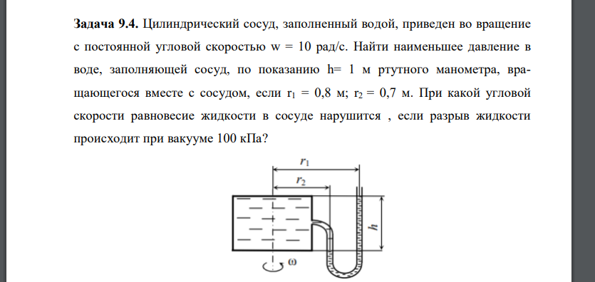 Цилиндрический сосуд, заполненный водой, приведен во вращение с постоянной угловой скоростью w = 10 рад/с. Найти наименьшее