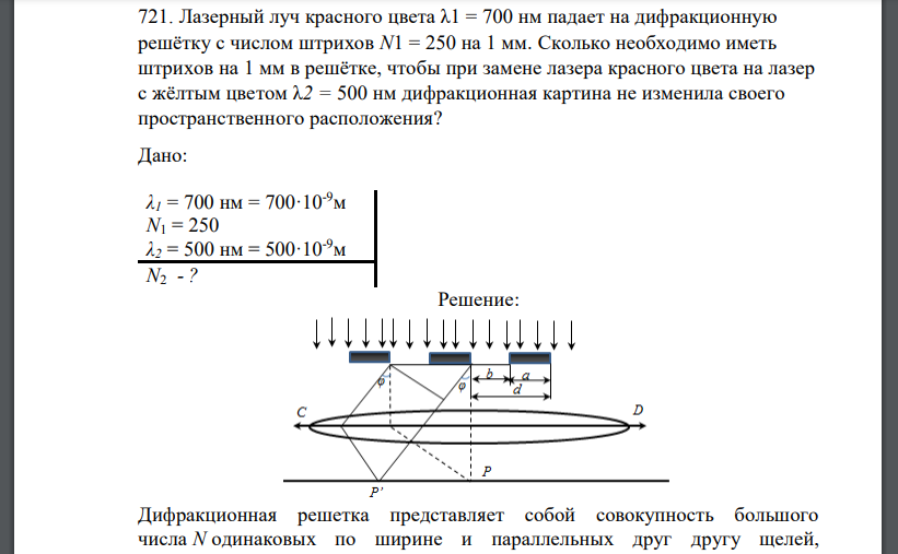 Лазерный луч красного цвета λ1 = 700 нм падает на дифракционную решётку с числом штрихов N1 = 250 на 1 мм.