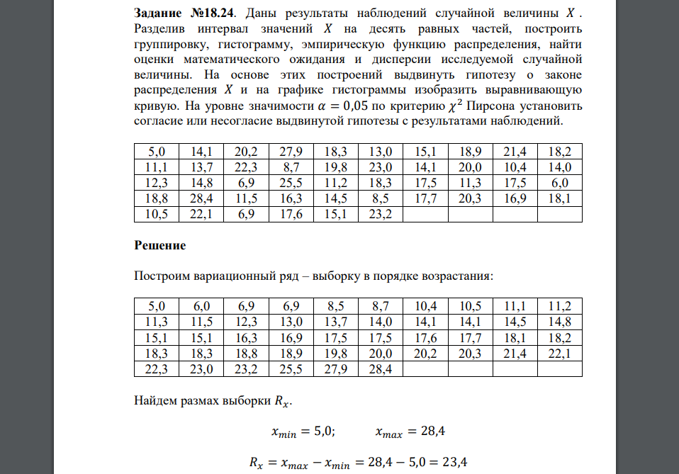 Даны результаты наблюдений случайной величины 𝑋 . Разделив интервал значений 𝑋 на десять равных частей, построить группировку, гистограмму, эмпирическую функцию распределения,