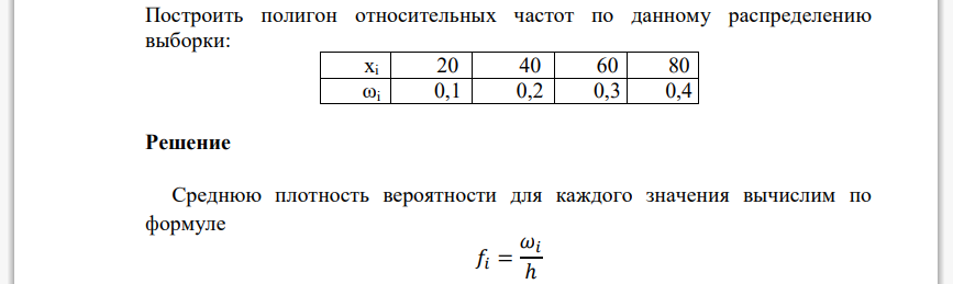 Построить полигон относительных частот по данному распределению выборки: xi 20 40 60 80 ωi 0,1 0,2 0,3 0,4 Решение