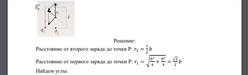 Заряд 𝑞1 = − 3 мкКл находится в вершине квадрата со стороной b=1 м, а заряд 𝑞2 = 2 мкКл – на середине стороны. Найти модуль вертикальной проекции напряженности
