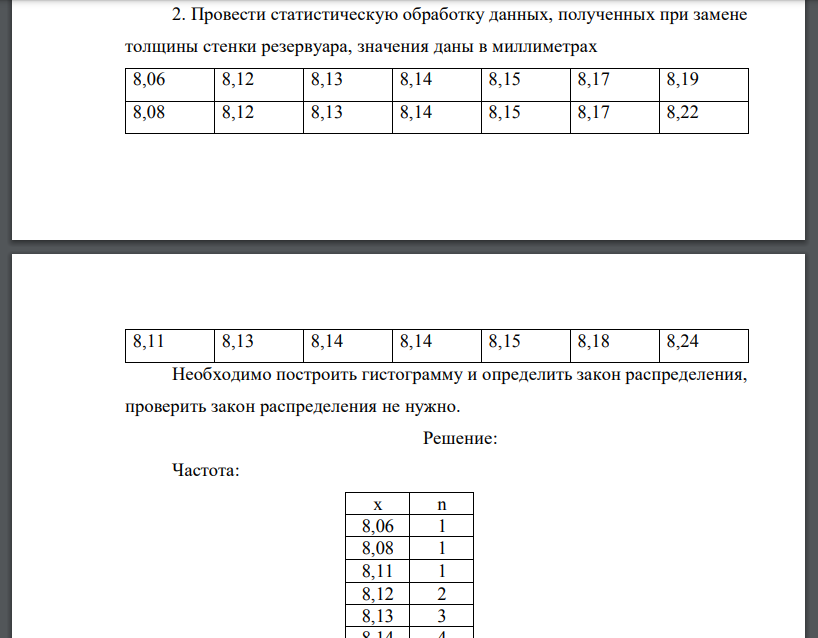 Провести статистическую обработку данных, полученных при замене толщины стенки резервуара, значения даны в миллиметрах