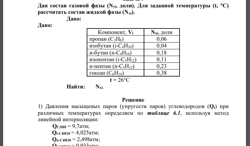 Дан состав газовой фазы (Nyi, доли). Для заданной температуры (t, °С) рассчитать состав жидкой фазы (Nxi).