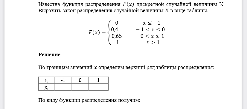 Известна функция распределения 𝐹(𝑥) дискретной случайной величины X. Выразить закон распределения случайной величины