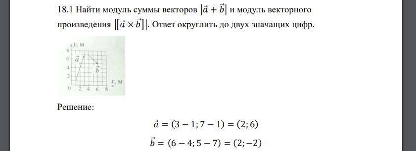 Найти модуль суммы векторов |𝑎 + 𝑏⃗ | и модуль векторного произведения |[𝑎 × 𝑏⃗ ]|. Ответ округлить до двух значащих цифр