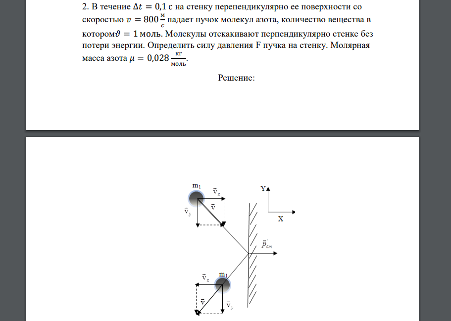 В течение ∆𝑡 = 0,1 с на стенку перепендикулярно ее поверхности со скоростью 𝑣 = 800 м 𝑐 падает пучок молекул азота, количество вещества в котором𝜗 = 1 моль.