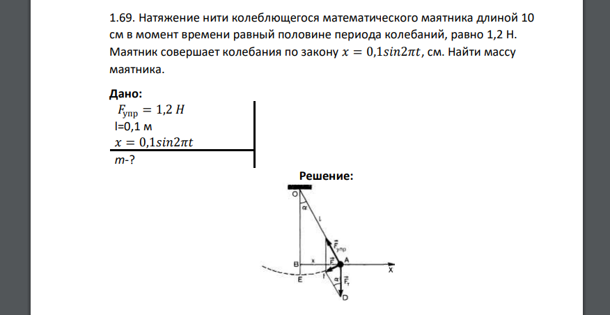 Натяжение нити колеблющегося математического маятника длиной 10 см в момент времени равный половине периода колебаний