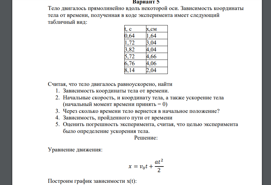 Тело двигалось прямолинейно вдоль некоторой оси. Зависимость координаты тела от времени, полученная в коде эксперимента имеет